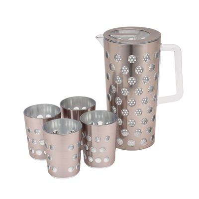 Delcasa 5-Piece Drink Set- Dc3097/ Plastic Jug And 4 Water Glasses Set With 2400 Ml Capacity / Unbreakable Design With Lid, For Juices, Squashes, Milk, Slushies/ Wide-Mouth, Food Grade, Easy To Clean/ Silver