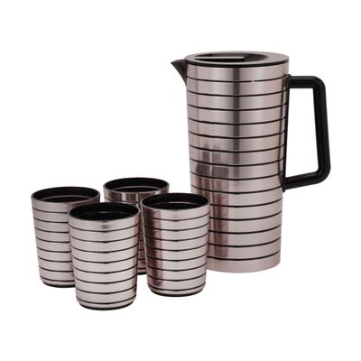 Delcasa 5-Piece Drink Set- Dc3098/ Plastic Jug And 4 Water Glasses Set With 2400 Ml Capacity / Unbreakable Design With Lid, For Juices, Squashes, Milk, Slushies/ Wide-Mouth, Food Grade, Easy To Clean/ Silver And Black