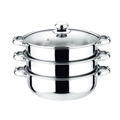 Delcasa 3 Layer Stainless Steel Steamer- Dc2958/ 28 Cm, 4.0 Liter Capacity, 1 Pot, 2 Steamers, 1 Tempered Glass Lid, With Fine Holes And Comfortable Handles/ Food-Grade, Healthy And Hygienic, Durable Construction, Perfect For Steaming Fruits And Vegetables, Kitchen Use/ Mirror Finish, Silver