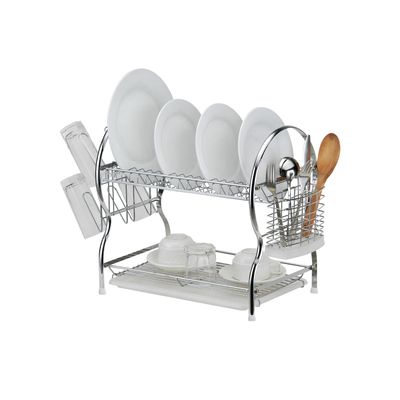 Delcasa 2 Layer Iron Dish Rack- Dc3030/ Organizer For Kitchen To Keep 17 Plates, Bowls, Glasses, Cups, Cutlery, With Extra Holders/ Drying Stand With Iron Body And Pp Drain Tray, Compact And Stylish Design/ Rust-Proof And Hassle-Free Finish/ Silver, Chrome Finish