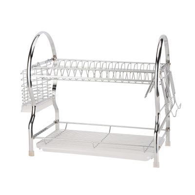 Delcasa 2 Layer Iron Dish Rack- Dc3030/ Organizer For Kitchen To Keep 17 Plates, Bowls, Glasses, Cups, Cutlery, With Extra Holders/ Drying Stand With Iron Body And Pp Drain Tray, Compact And Stylish Design/ Rust-Proof And Hassle-Free Finish/ Silver, Chrome Finish