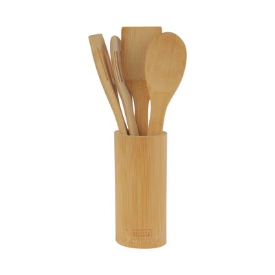 Delcasa 5-Piece Bamboo Kitchen Tools Set- Dc3164/ With Cutlery Holder, Heat-Resistant, Includes 2 Spatulas And 2 Slotted Turners/ Ergonomic, Anti-Slip Handle And Sustainable Natural Wood, Perfect For Home, Cooking, Kitchen, Restaurant Use/ Brown