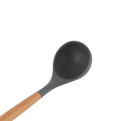 Delcasa Silicone Soup Ladle- Dc3169/ With Wooden Hand, Ideal For Serving Soups, Curry, Sauces, Etc./ Deep Spoon With A Comfortable Handle/ Elegant And Lightweight Design, Food-Grade With Wide Bowl/ Black And Brown