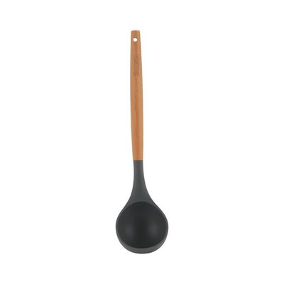 Delcasa Silicone Soup Ladle- Dc3169/ With Wooden Hand, Ideal For Serving Soups, Curry, Sauces, Etc./ Deep Spoon With A Comfortable Handle/ Elegant And Lightweight Design, Food-Grade With Wide Bowl/ Black And Brown