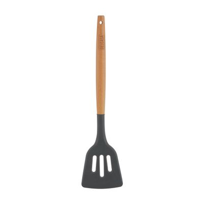 Delcasa Silicone Slotted Turner- Dc3173/ With Wooden Handle, Stylish And Long/ Gentle On Cookware, Ideal For Serving, Transferring, Draining And Cooking Food/ Highly Durable, Light-Weight, Versatile Uses/ Black And Brown