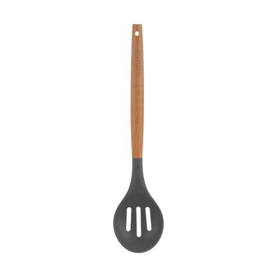 Delcasa Silicone Slotted Spoon- Dc3178/ Ideal For Serving Main Dish, Straining Pasta Or Vegetables/ Deep Spoon With Comfortable Wooden Handle/ Perfect For Non-Stick Cookware, Elegant And Lightweight Design, Foodgrade/ Black And Brown