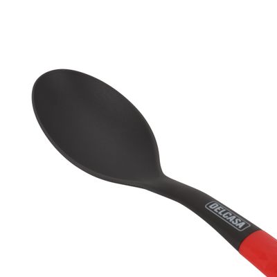 Delcasa Nylon Serving Spoon- Dc3224/ With Pp Handle, Ideal For Cooking And Serve Food, Curry, Rice/ Diamond Finish Kitchen Utensils For Nonstick Pans And Cookware/ Sturdy, Lightweight And Heat Resistant/ Black And Red