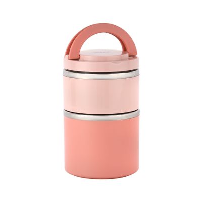 Delcasa 930 Ml Lunch Box - Dc3212/ With 2 Layers, Round Tiffin With Stainless Steel Inner/ Food-Grade, Bpa-Free, Airtight And Leakproof Container For Kids And Adults, To Keep Food Fresh/ Compact, Portable Design With Handle/ Pink