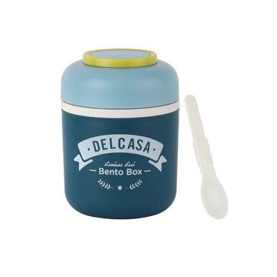 Delcasa 780 Ml Lunch Box- Dc3213/ With 2 Layers, Round Tiffin With Stainless Steel Inner, Tray And Foldable Spoon/ Food-Grade, Bpa-Free, Airtight And Leakproof Container For Kids And Adults, To Keep Food Fresh/ Compact, Portable Design With Handle/ Blue