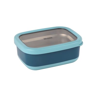 Delcasa 1400 Ml Food Container- Dc3218/ Rectangle Tiffin Box With Stainless Steel Inner With Seal Lid Transparent Window, Pp Body/ Food-Grade, Bpa-Free, Airtight And Leakproof Containers For Kids And Adults, To Keep Foods Fresh/ Compact And Portable Design/ Blue