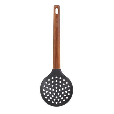 Delcasa Nylon Skimmer- Dc3152/ With Stylish Long Wooden Handle, Ideal For Cooking, Drain And Serving Food/ Food-Grade, Elegant And Lightweight Design/ Black And Brown