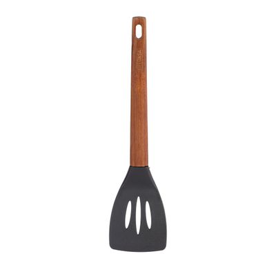 Delcasa Nylon Slotted Turner- Dc3154/ With Wooden Handle, Stylish And Long/ Gentle On Cookware, Ideal For Serving, Transferring, Draining And Cooking Food/ Highly Durable, Light-Weight, Versatile Uses/ Black And Brown