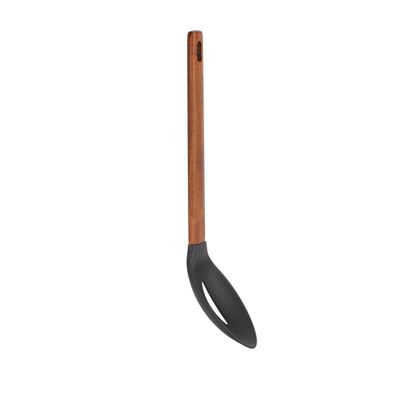 Delcasa Nylon Slotted Spoon- Dc3156/ With Stylish Long Wooden Handle, Ideal For Cooking And Serving Food/ Food-Grade, Elegant And Lightweight Design/ Black And Brown