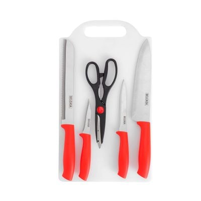 Delcasa 6-Piece Kitchen Tools Set With Cutting Board- Dc3207/ Pack Of 6, Includes Paring, Chef, Utility, Bread Knife, Scissors/ Ergonomic And Hygienic With Stainless Steel Blades, Anti-Slip Handle/ White And Red