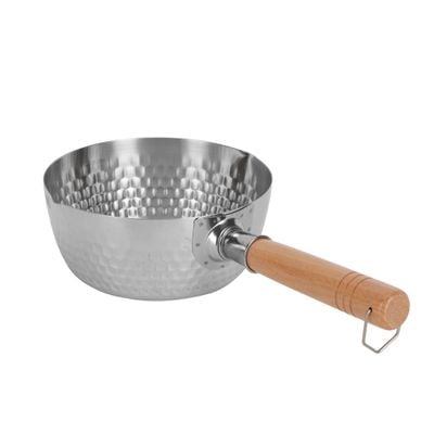 Delcasa 18 Cm Stainless Steel Saucepan- Dc3230/ Stylish Design With Hammered Mesh Pattern And Wooden Handle/ With Pouring Spout, Perfect For Making Sauces, Reducing, Browning, Sauting, Etc., Induction Compatible / Silver And Brown