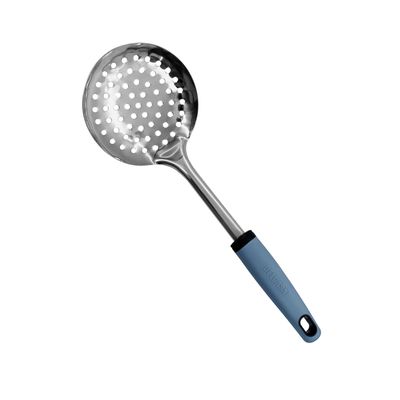 Delcasa Stainless Steel Skimmer- Dc3355/ With Stylish Long Pp Handle, Ideal For Cooking, Drain And Serving Food/ Food-Grade, Elegant And Lightweight Design/ Silver And Blue