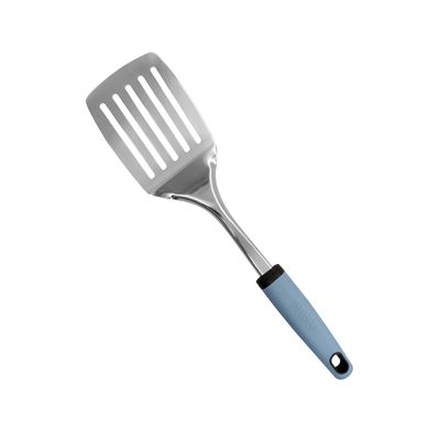 Delcasa Stainless Steel Slotted Turner- Dc3357/ With Pp Handle, Stylish And Long/ Gentle On Cookware, Ideal For Serving, Transferring, Draining And Cooking Food/ Highly Durable, Light-Weight, Versatile Uses/ Silver And Blue