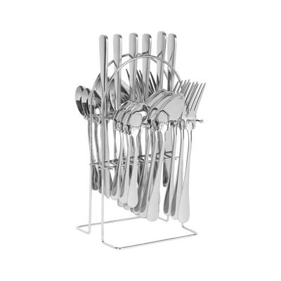 Delcasa Stainless Steel Cutlery Set With Stand- Dc3270/ 24 Pieces Spoons Set, Includes 6 Dinner Knives, 6 Forks, 6 Spoon, 6 Teaspoons/ Stylish And Light-Weight, 100% Food-Grade/ Suitable For Dining Table, Home And Restaurant, Kitchen Accessories/ Silver