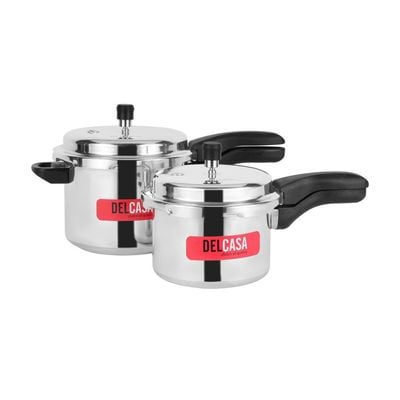 Delcasa 3.0 L & 5.0 L Combo Aluminum Pressure Cooker- Dc3377/ Equipped With Improved Pressure Regulator, Handle, Anti Implosion Lid And Stepped Bottom Design / Perfect For Cooking Curry, Rice, Porridge, Etc./ Compatible With Gas, Ceramic, Hotplate, Halogen Cooktops/ Silver