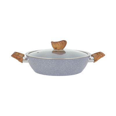 Delcasa 26 Cm Aluminum Wokpan With Nonstick Granite Coating- Dc3333/Stylish Design With Induction Base, Glass Lid And Wooden-Finish Bakelite Handles, Easy Food Release And Cleanup/ Perfect For Deep And Shallow Frying/ Grey