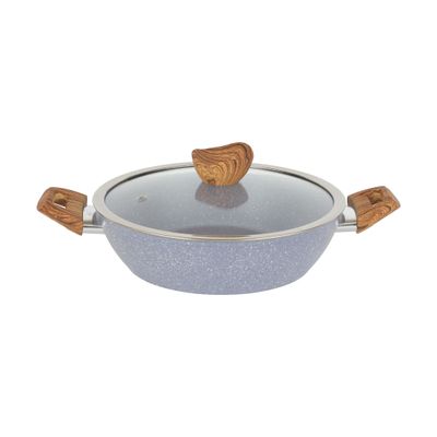 Delcasa 26 Cm Aluminum Wokpan With Nonstick Granite Coating- Dc3333/Stylish Design With Induction Base, Glass Lid And Wooden-Finish Bakelite Handles, Easy Food Release And Cleanup/ Perfect For Deep And Shallow Frying/ Grey
