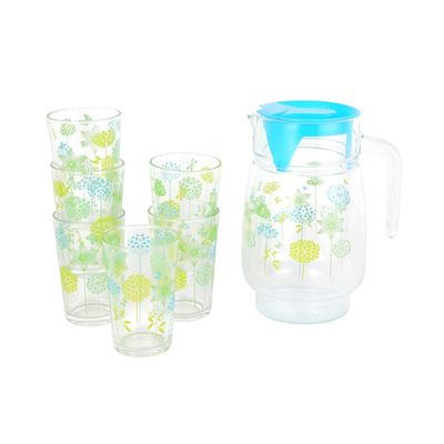 Delcasa 7-Piece Victoria Glass Water Jug And Cup Set- Dc3382/ Includes 1500 Ml Carafe And 6 230 Ml Glasses/ With Lid, Pouring Spout, For Iced Tea, Juice, Milk, Coffee, Lemonade, Hot And Cold/ Food-Grade And Freezer And Dishwasher Safe/ Clear