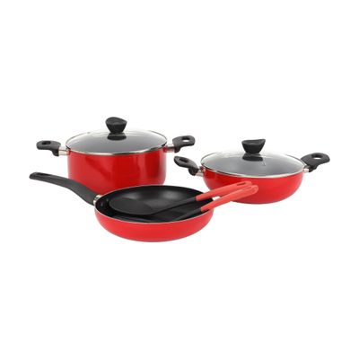 Delcasa 7-Piece Non-Stick Cookware Set- Dc3376/ Aluminum Body With Durable Coating/ 3-Layer Durable Construction, Cd Base, Heat-Resistant Bakelite Handles And Tempered Glass Lid/ Includes Casserole, Wokpan, Fry Pan, And 2 Nylon Tools/ Red