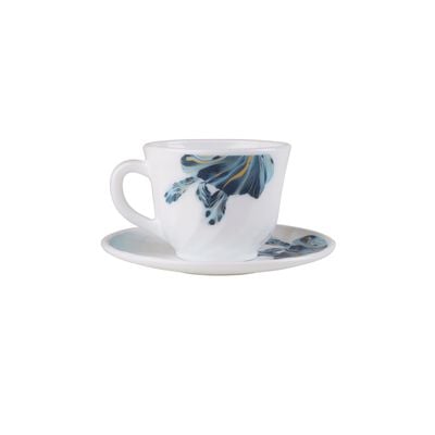 Delcasa 12 Piece Opalware Cup And Saucer Set- Dc3400/ 6 200 Ml Tea Cups And 6 Saucers/ Heat-Resistant, Scratch-Resistant, Perfect For Serving Teas, Coffee, Double Espresso, Latte, Cafe Mocha, And Other Beverages/ Safe For Microwave, Dishwasher And Freezer/ White And Blue, Floral Design