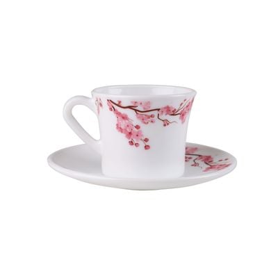 Delcasa 12 Piece Opalware Cup And Saucer Set- Dc3402/ 6 200 Ml Tea Cups And 6 Saucers/ Heat-Resistant, Scratch-Resistant, Perfect For Serving Teas, Coffee, Double Espresso, Latte, Cafe Mocha, And Other Beverages/ Safe For Microwave, Dishwasher And Freezer/ White And Pink, Floral Design