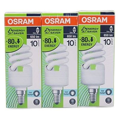 Osram [3-Pack] Energy Saver Twist E14 Spiral Shape Bulb Compact Fluorescent 12W  Bulb Day Light 6500K 