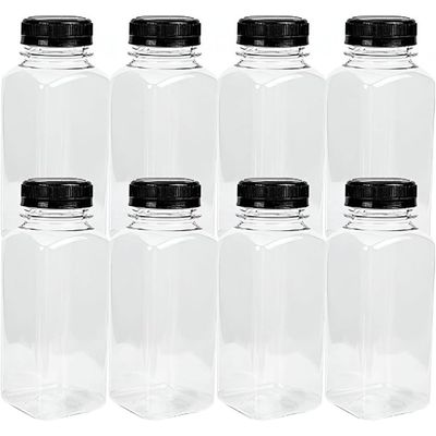 8Pcs Empty Plastic Reusable Square Shape Transparent 200ml/6Oz Bottles With Black Caps For Juice, Milk, Water and Many More, Size 13 x 4.5 cm