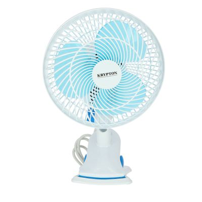 Krypton 8" Table/Clip Fan- KNF6035/ 2-in-1 Use, with 3 Leaf Blades For Strong Wind and 2-Speed Levels/ High Performance Motor For High Speed, with Oscillation/ Ideal for Home, Office, Apartment/ 2 Years Warranty, White and blue 