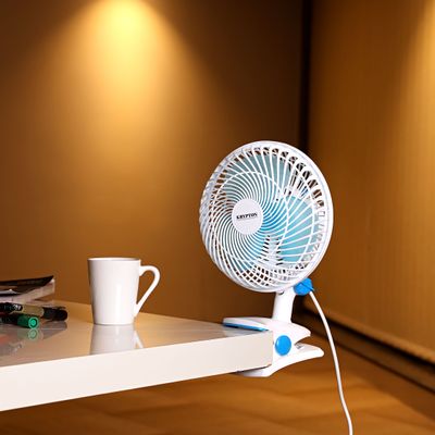 Krypton 8" Table/Clip Fan- KNF6035/ 2-in-1 Use, with 3 Leaf Blades For Strong Wind and 2-Speed Levels/ High Performance Motor For High Speed, with Oscillation/ Ideal for Home, Office, Apartment/ 2 Years Warranty, White and blue 