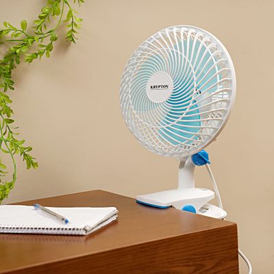 Krypton 8" Table/Clip Fan- KNF6035/ 2-in-1 Use, with 3 Leaf Blades For Strong Wind and 2-Speed Levels/ High Performance Motor For High Speed, with Oscillation/ Ideal for Home, Office, Apartment/ 2 Years Warranty, White and blue 