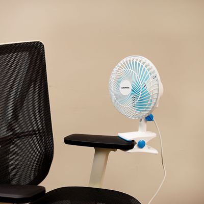 Krypton 8" Table/Clip Fan- KNF6035/ 2-in-1 Use, with 3 Leaf Blades For Strong Wind and 2-Speed Levels/ High Performance Motor For High Speed, with Oscillation/ Ideal for Home, Office, Apartment/ 2 Years Warranty, White and blue 