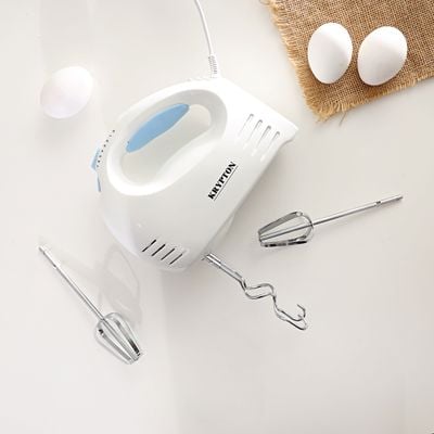 Krypton Hand Mixer- KNHB6043/ with 7 Speed Levels, Includes Whisk and Hook Attachment/ Perfect for Beating Eggs, Cream, Batters, Kneading Dough, etc./ Blue and White, 2 Years Warranty