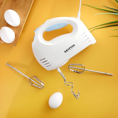 Krypton Hand Mixer- KNHB6043/ with 7 Speed Levels, Includes Whisk and Hook Attachment/ Perfect for Beating Eggs, Cream, Batters, Kneading Dough, etc./ Blue and White, 2 Years Warranty