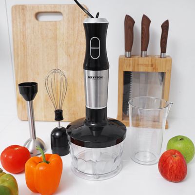 Krypton 4-in-1 Hand Blender Set, 2 Speed Button, KNHB6079N | Hand Held Blender with Electric Whisk, 500ml Mixing Beaker & 600ml Food Chopper for Baby Food, Soup, Smoothie