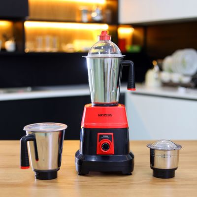 Krypton 3-IN-1 Mixer Grinder- KNB6192| 550W Powerful Copper Motor with Stainless Steel Jars and Blades and Unbreakable Lids| Ergonomic Design with Motor Overload Protector| 3 Jars, 3 Speed Setting for Efficient Grinding| Black and Red, 2 Years Warranty