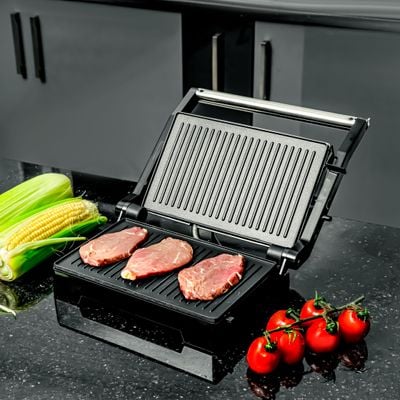 Krypton Stainless Steel Grill Maker- KNGM6273| Automatic Temperature Control and 180-Degree Open Design| 2 Slice Non-Stick Grill Plates with Overheat Protection| Perfect for Grilling Vegetables, Chicken, Meat, etc| Silver| 2 Years Warranty