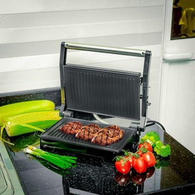 Krypton Stainless Steel Grill Maker- KNGM6273| Automatic Temperature Control and 180-Degree Open Design| 2 Slice Non-Stick Grill Plates with Overheat Protection| Perfect for Grilling Vegetables, Chicken, Meat, etc| Silver| 2 Years Warranty