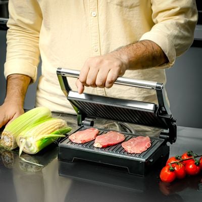 Krypton Stainless Steel Grill Maker- KNGM6273| Automatic Temperature Control and 180-Degree Open Design| 2 Slice Non-Stick Grill Plates with Overheat Protection| Perfect for Grilling Vegetables, Chicken, Meat, etc| Silver| 2 Years Warranty