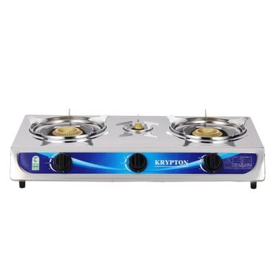 Krypton Stainless Steel Gas Cooker- KNGC6171| Triple Burner Gas Stove Low Gas Consumption and Improved Gas Flow for Efficient Heating| Auto Piezo Ignition System, LPG Gas Stove| Silver, 2 Years Warranty