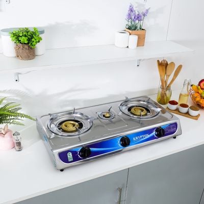 Krypton Stainless Steel Gas Cooker- KNGC6171| Triple Burner Gas Stove Low Gas Consumption and Improved Gas Flow for Efficient Heating| Auto Piezo Ignition System, LPG Gas Stove| Silver, 2 Years Warranty