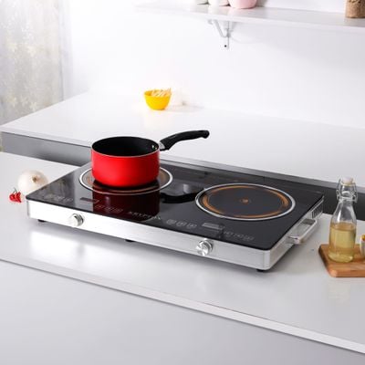 Krypton Digital Infrared Cooker- KNIC6428| Double Cooking Hob, 3000-Watt (1800+1200) Infrared Burners With Adjustable Temperature And Wattage, Energy Saving| Touch and Knob Control, Multi Functions Include Hot Pot, BBQ, Low Fire, Soup, Steam, Water And Cooking| Black, 2 Years Warranty