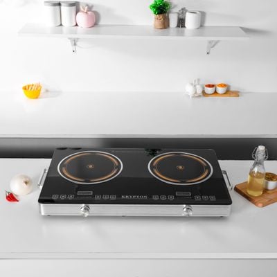 Krypton Digital Infrared Cooker- KNIC6428| Double Cooking Hob, 3000-Watt (1800+1200) Infrared Burners With Adjustable Temperature And Wattage, Energy Saving| Touch and Knob Control, Multi Functions Include Hot Pot, BBQ, Low Fire, Soup, Steam, Water And Cooking| Black, 2 Years Warranty