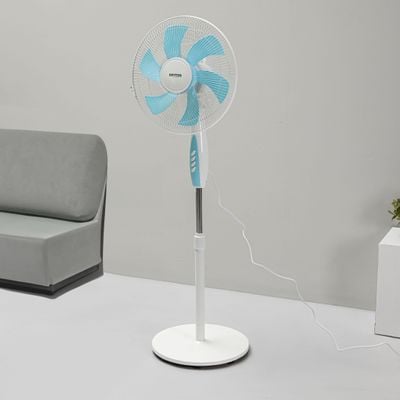 Krypton 16" Stand Fan- KNF6436| Pedestal Fan With 6 Leaf Blades For Strong Wind And 3-Speed Levels| High Performance Motor For High Speed Wind| Ideal For Home, Office, Garage, Apartment| 2 Years Warranty, Blue and white 