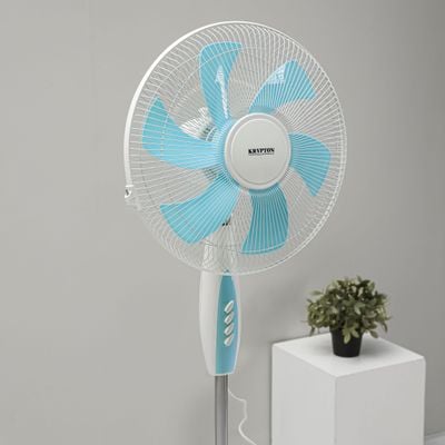 Krypton 16" Stand Fan- KNF6436| Pedestal Fan With 6 Leaf Blades For Strong Wind And 3-Speed Levels| High Performance Motor For High Speed Wind| Ideal For Home, Office, Garage, Apartment| 2 Years Warranty, Blue and white 