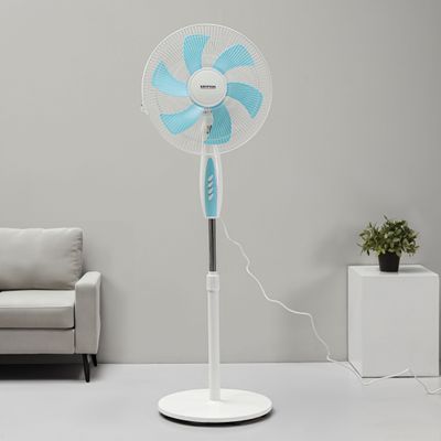 Krypton 16" Stand Fan- KNF6436| Pedestal Fan With 6 Leaf Blades For Strong Wind And 3-Speed Levels| High Performance Motor For High Speed Wind| Ideal For Home, Office, Garage, Apartment| 2 Years Warranty, Blue and white 