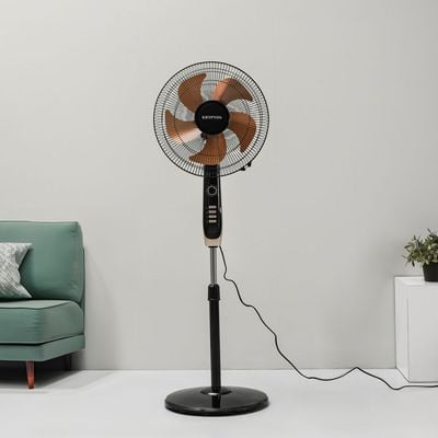 Krypton 16" Stand Fan- KNF6558/ Pedestal Fans with 5 Leaf Metal Blades for Strong Wind and 3-Speed Levels, 60 min Timer, Adjustable Height/ High Performance Motor, Ideal for Home, Office, Garage, Apartment/ 2 Years Warranty, Black and golden 